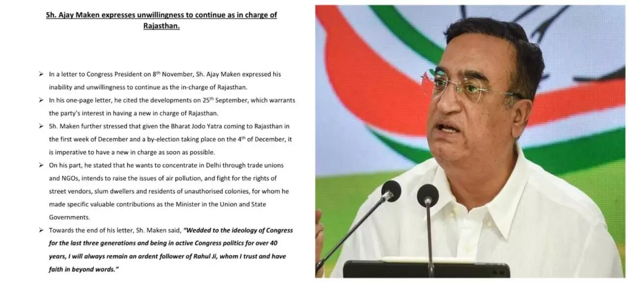 कांग्रेस को बड़ा झटका, अजय माकन ने राजस्थान प्रभारी पद से दिया इस्तीफा, कांग्रेस अध्यक्ष मल्लिकार्जुन खड़गे को लिखा पत्र