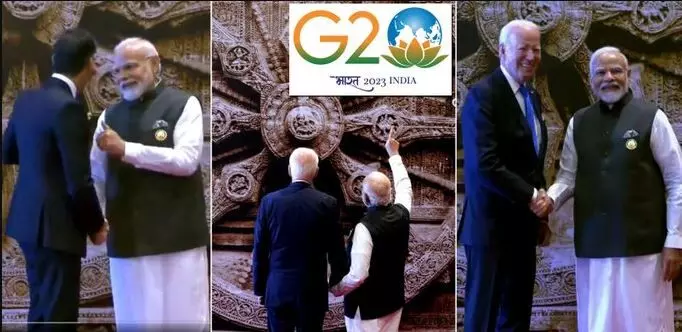 G-20 समिट: कोणार्क चक्र ने भारत मंडपम की बढ़ाई शोभा, पीएम मोदी ने राष्ट्रपति बाइडेन व पीएम सुनक को बताया महत्व